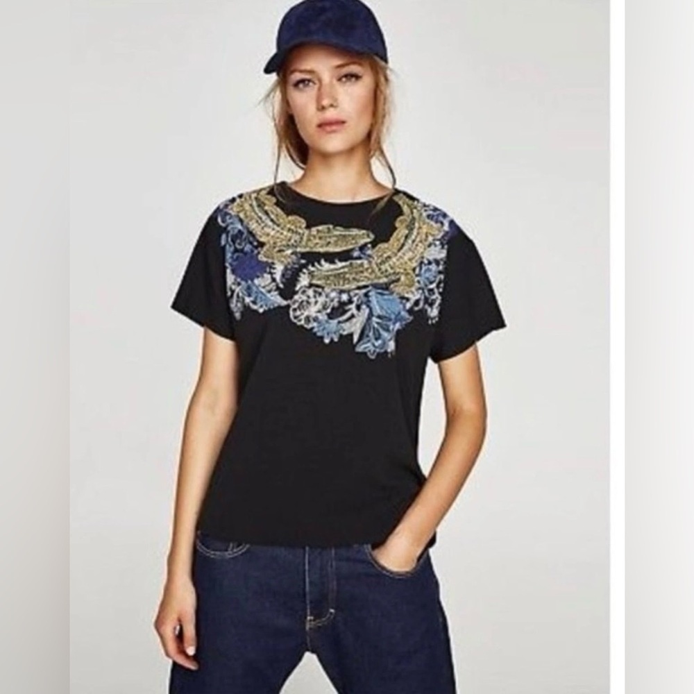 Zara Black Oversized Tshirt Top Black With Gold Alligator Design L